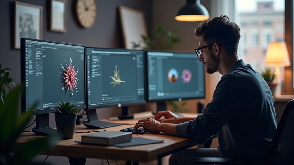 Designer trabalhando com gráficos 3D em ambiente de estúdio criativo