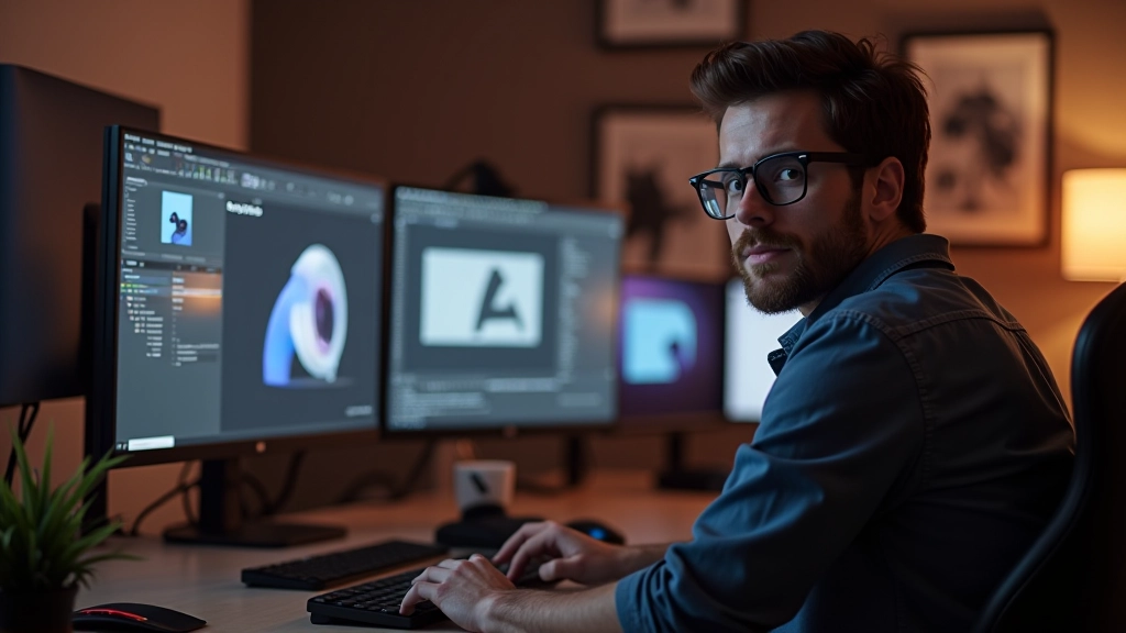 Designer trabalhando em projeto com elementos 3D e 2D integrados, computador mostrando software de motion graphics, ambiente de trabalho criativo moderno
