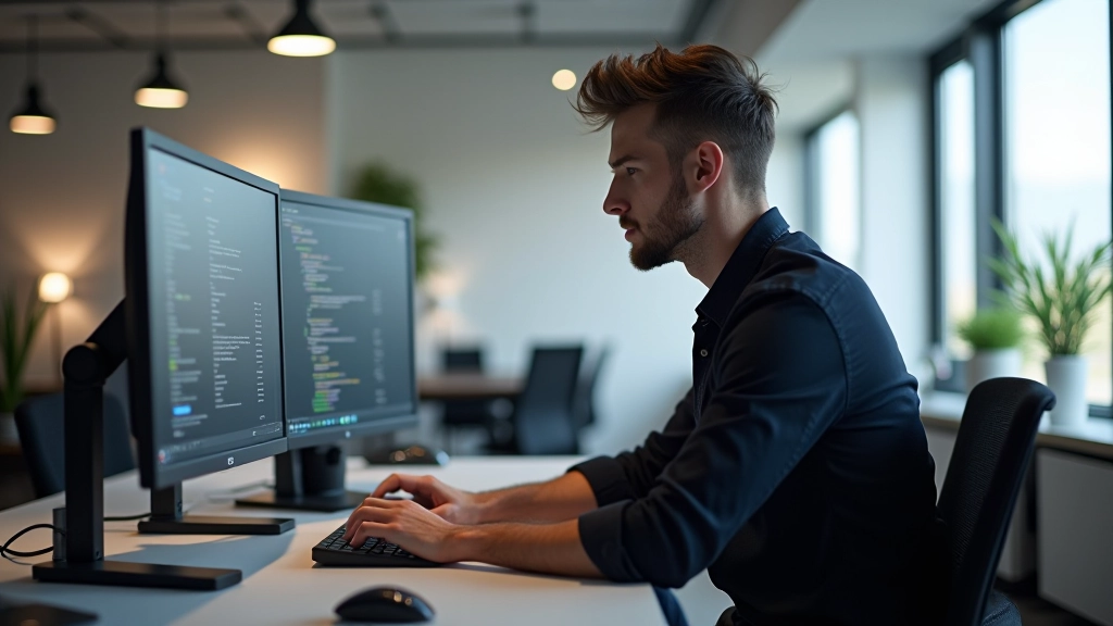Designer trabalha em estação 3D com múltiplos monitores, exibindo ambiente de trabalho profissional