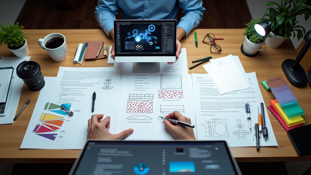 Fluxo de trabalho visual mostrando as etapas de criação de projeto com integração 3D e 2D, da concepção até a composição final em software profissional